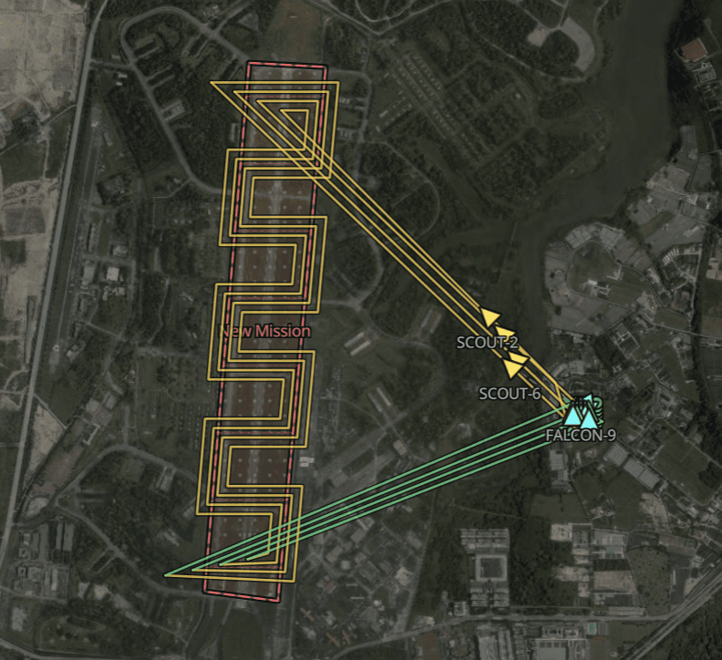 Search lanes assigned across a group of drones in the console