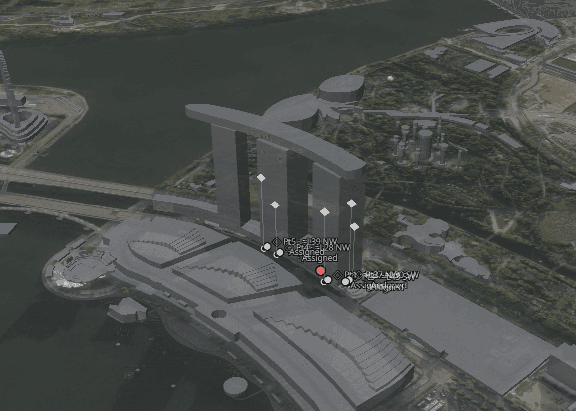 Target points placed on the floors of a building in the console's 3D view