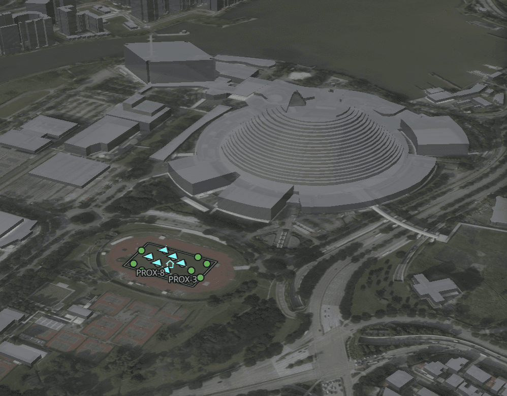 A group of drones staged on launch pads in the simulator