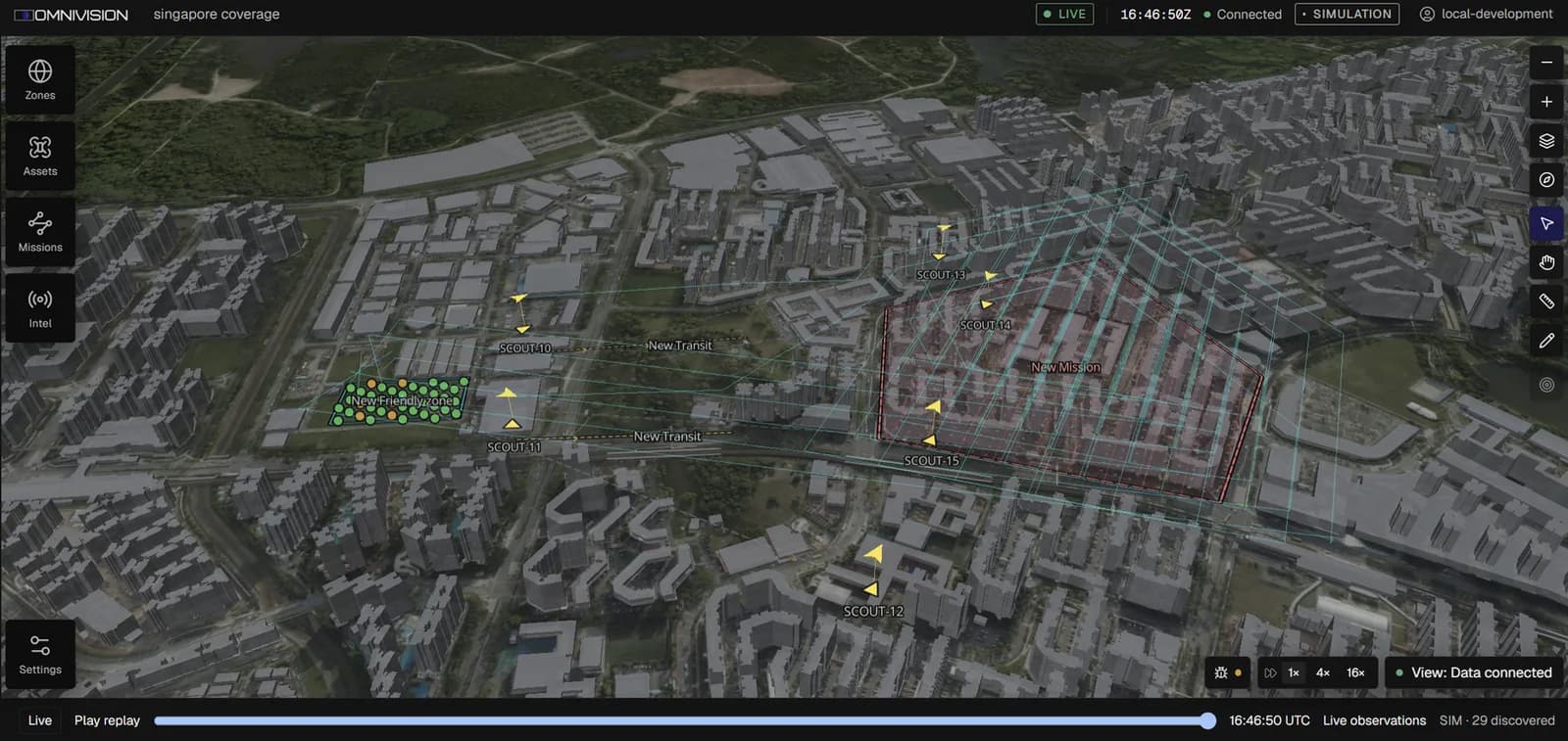 Six drones in flight, searching the mission area in lanes